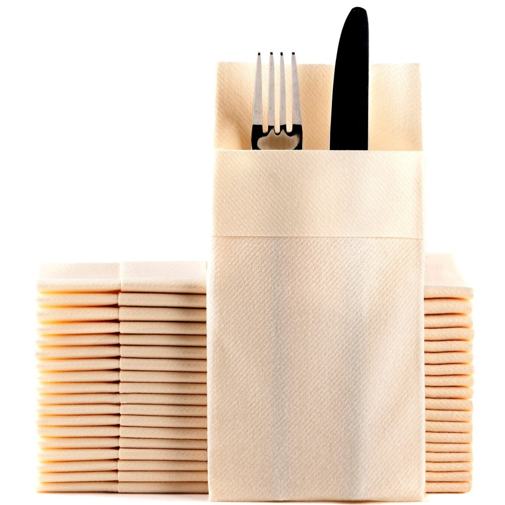 Ivory Dinner Napkins Cloth Like with Built-in Flatware Pocket, Linen-Feel Absorbent Disposable Paper Hand Napkins for Kitchen, Bathroom, Parties, Weddings, Dinners or Events, 16x16 inches, Pack of 50