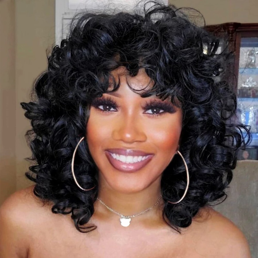 andromeda Curly Wigs for Black Women Soft Black Short Curly Wig with Bangs Afro Loose Curls Heat Resistant Synthetic Wig for African American Women (Black)