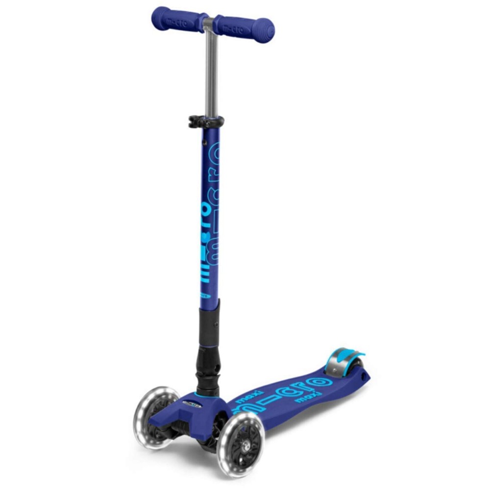 Micro Kickboard - Maxi Deluxe Foldable LED - Three Wheeled, Lean-to-Steer, Fold-to-Carry Swiss-Designed Micro Scooter for Kids with Motion-Activated Light-Up Wheels for Ages 5-12 (Navy Blue)