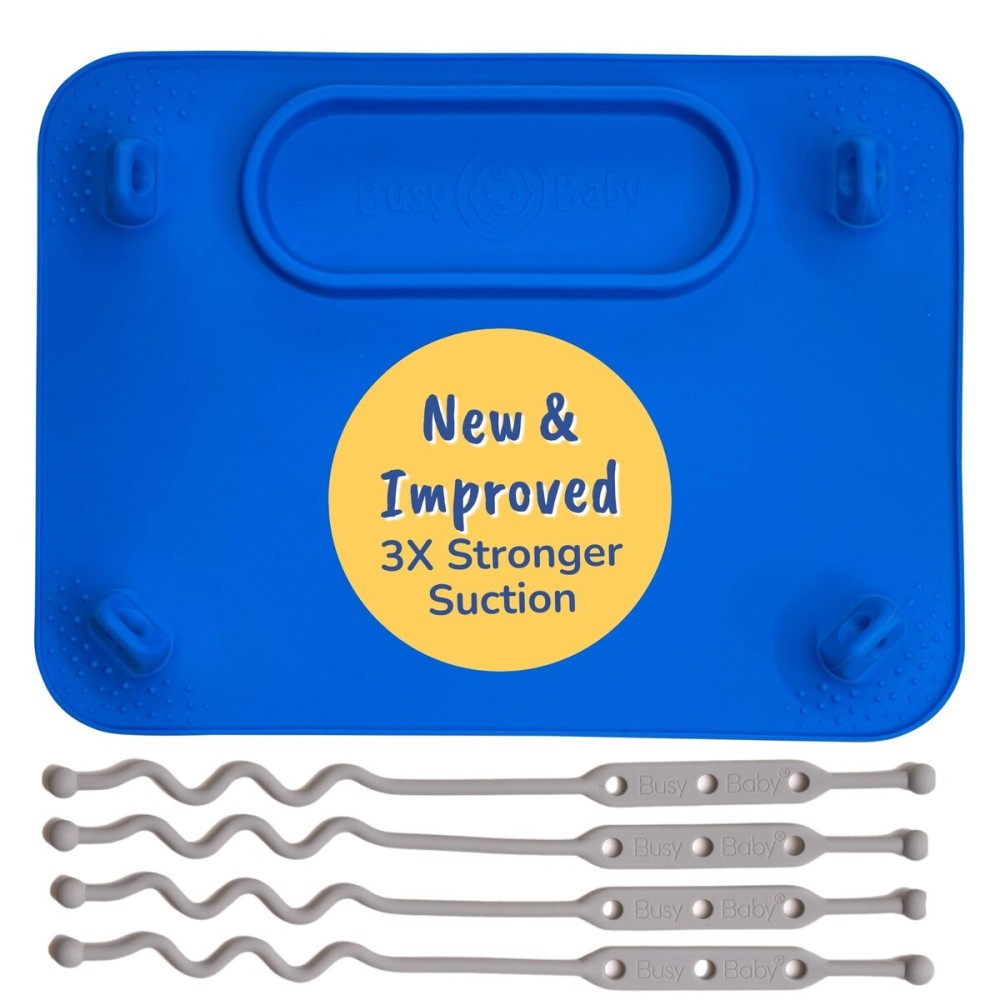 BUSY BABY Silicone Mat - New and Improved Suction Cups, 4 Straps to Secure Baby Essentials, Self Feeding, Baby Led Weaning, Travel Sleeve Included (Blue)