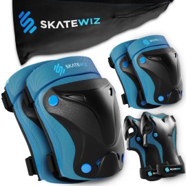 SKATEWIZ Knee and Elbow Pads Adult - Skating Protective Gear - PROTECT-1 - Size L Blue - Wrist Guards Skating Pads, Skateboard, Roller Skate, Ice Skates For Women