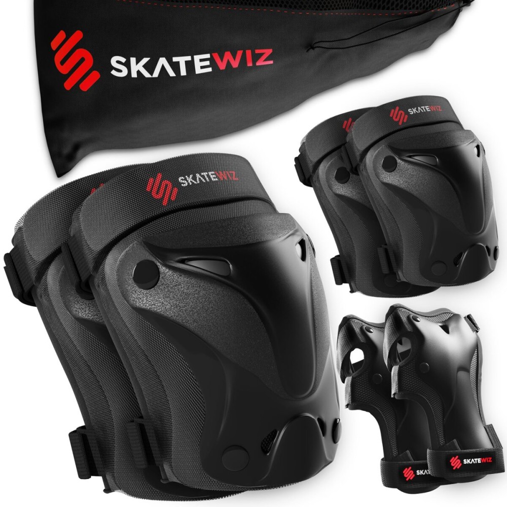 SKATEWIZ Knee Pads for Kids - Knee and Elbow Pads Set - PROTECT-1 - Size S Black - Wrist Guards Skating Protective Gear, Skateboard, Roller Skate, Ice Skates For Kids