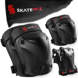 SKATEWIZ Knee Pads for Kids - Knee and Elbow Pads Set - PROTECT-1 - Size S Black - Wrist Guards Skating Protective Gear, Skateboard, Roller Skate, Ice Skates For Kids