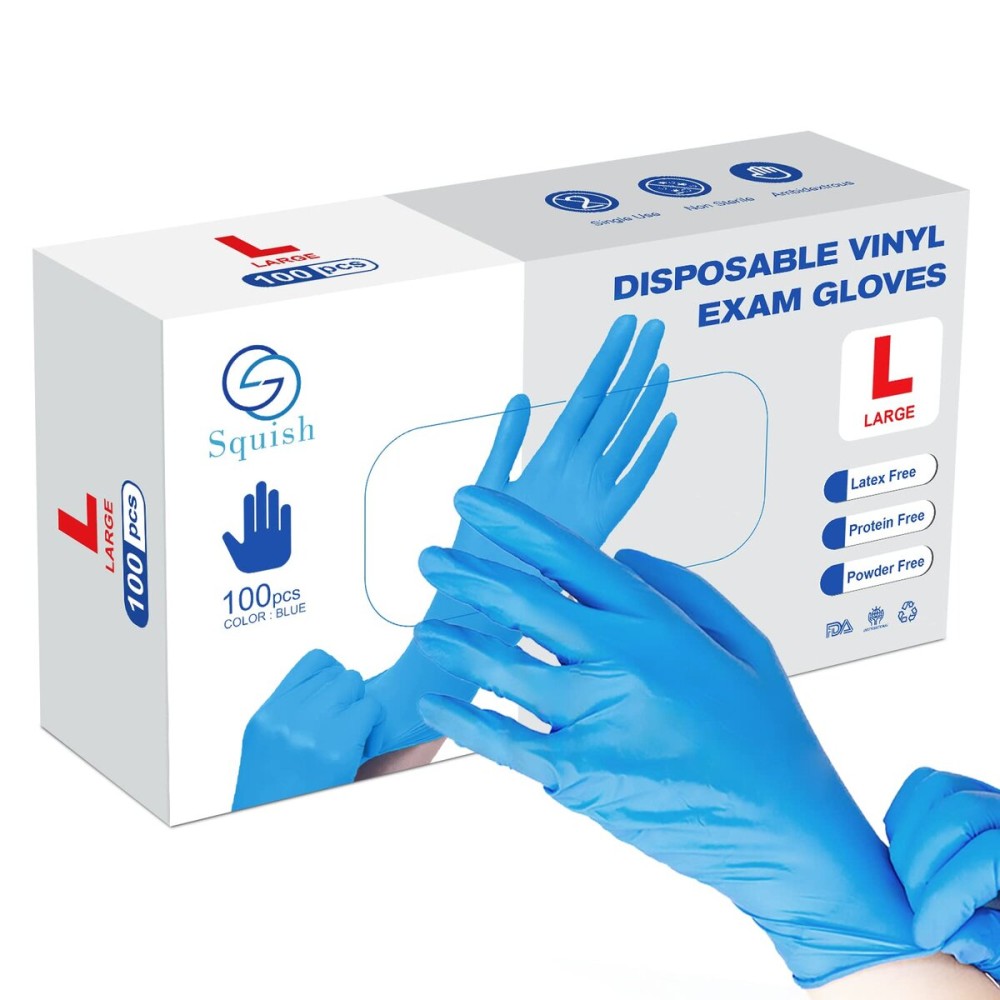 squish Disposable Gloves, Blue 4 mil Vinyl Synmax Blend Exam Gloves Non Sterile, Powder Free, Latex Free - Cleaning Supplies, Kitchen and Food Safe(Pack of 100) (Blue Large)