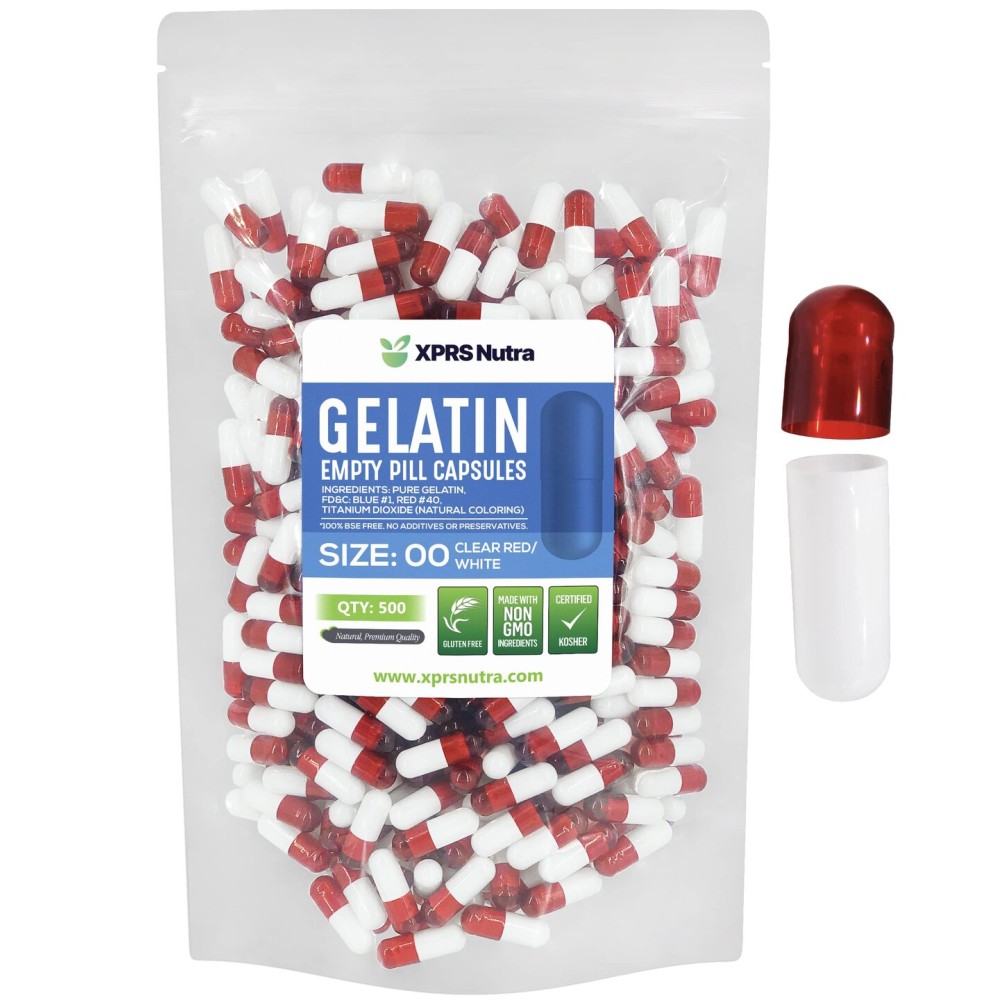 XPRS Nutra Size 00 Empty Capsules - 500 Count Empty Gelatin Capsules - Pills DIY Capsule Filling - Fillable Pill Gel Caps for Do-It-Yourself Supplements (Clear Red/White)