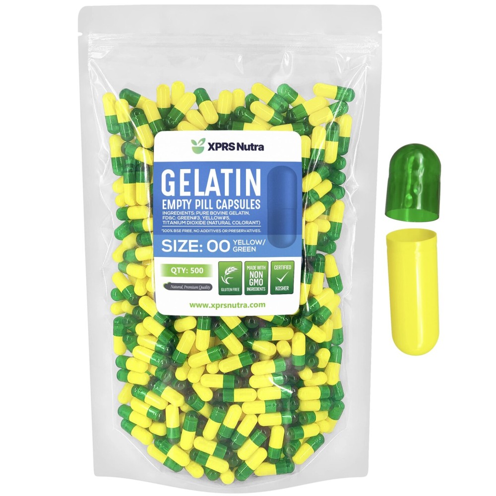 XPRS Nutra Size 00 Empty Capsules - 500 Count Empty Gelatin Capsules - Pills DIY Capsule Filling - Fillable Pill Gel Caps for Do-It-Yourself Supplements (Green/Yellow)