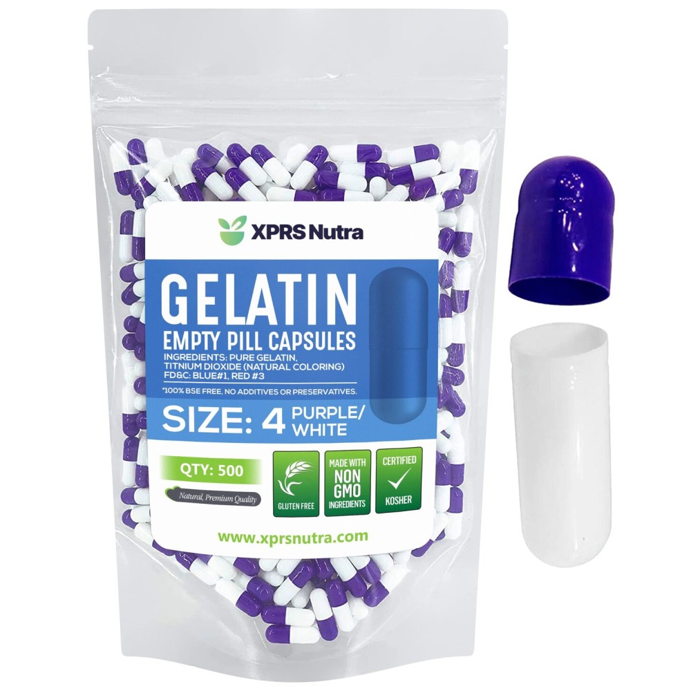 XPRS Nutra Size 4 Empty Capsules - 500 Count Small Empty Gelatin Capsules - Pills DIY Capsule Filling - Fillable Pure Bovine Pill Gel Caps for Do-It-Yourself Supplements (Purple/White)