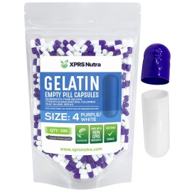 XPRS Nutra Size 4 Empty Capsules - 500 Count Small Empty Gelatin Capsules - Pills DIY Capsule Filling - Fillable Pure Bovine Pill Gel Caps for Do-It-Yourself Supplements (Purple/White)