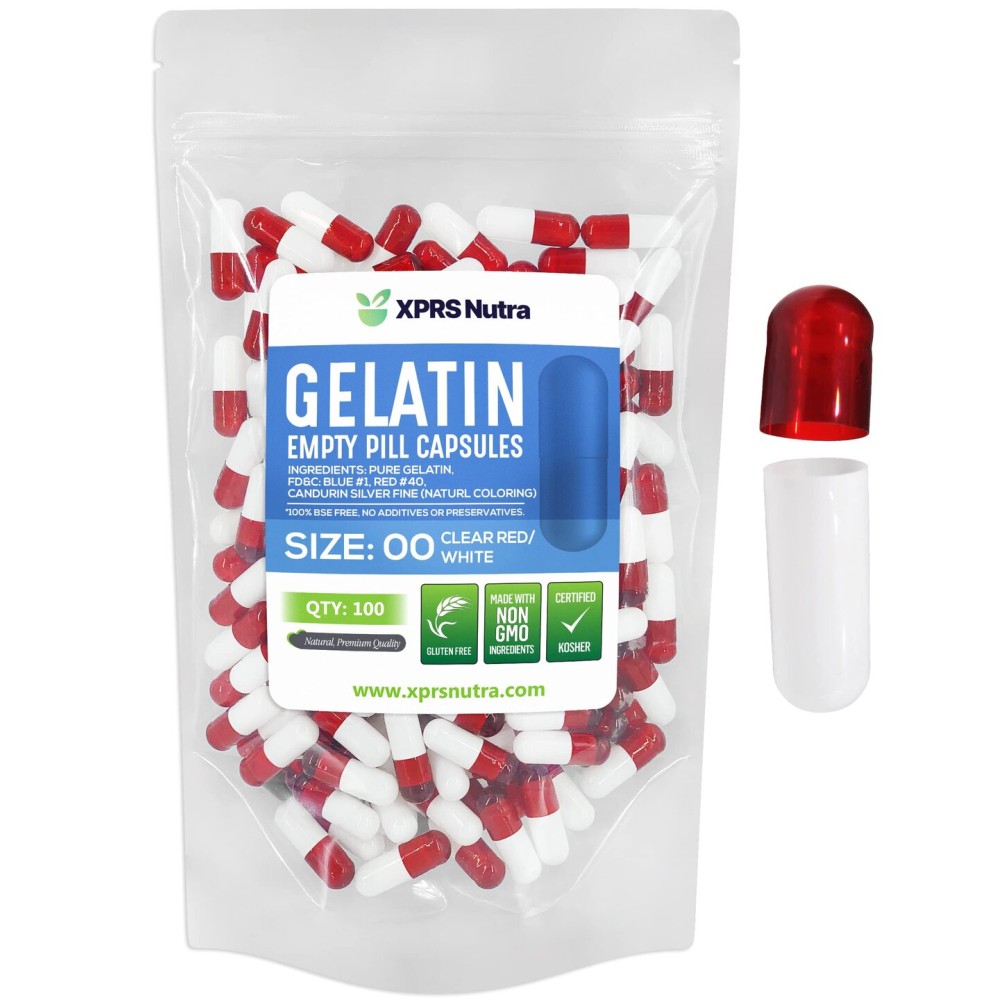XPRS Nutra Size 00 Empty Capsules - 100 Count Empty Gelatin Capsules - Pill DIY Capsule Filling - Fillable Pill Gel Caps for Do-It-Yourself Supplements (Clear Red/White)