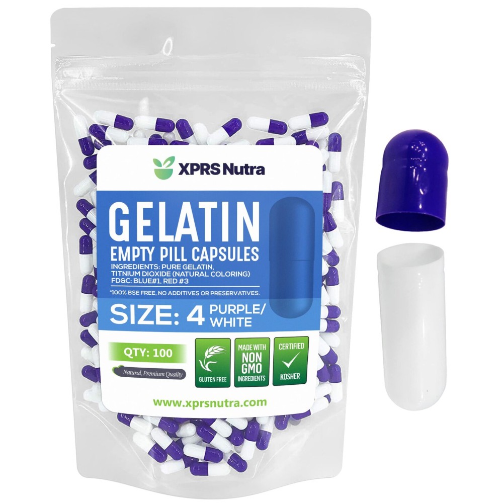 XPRS Nutra Size 4 Empty Capsules - 100 Count Small Empty Gelatin Capsules - Pills DIY Capsule Filling - Fillable Pure Bovine Pill Gel Caps for Do-It-Yourself Supplements (Purple/White)