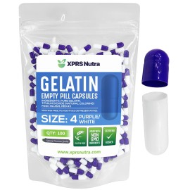 XPRS Nutra Size 4 Empty Capsules - 100 Count Small Empty Gelatin Capsules - Pills DIY Capsule Filling - Fillable Pure Bovine Pill Gel Caps for Do-It-Yourself Supplements (Purple/White)