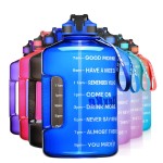 SLUXKE Gallon Water Bottle Jug with Time Marker BPA Free, 128oz Big Water Bottle with Handle and Straw Leak Proof, One Click Open Huge Sports Water Bottle Blue