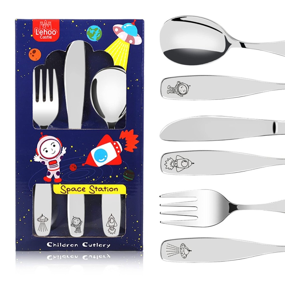 Lehoo Castle Kids Stainless Steel 6PCS Kids Utensils Forks, Spoons and Knives Set, Flatware Set (Space Collection)