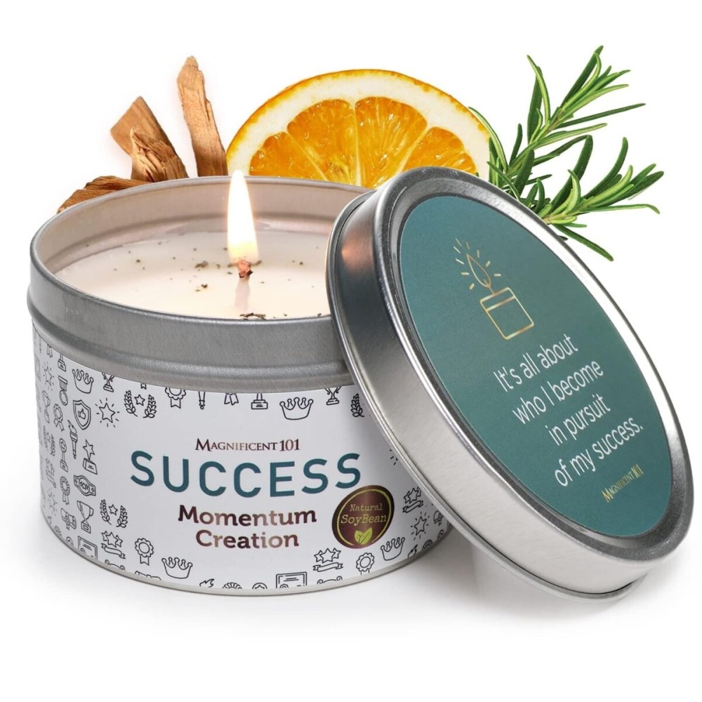 MAGNIFICENT 101 Study & Momentum Creation Candle for Success - 6 Oz White Tin - 35 Hour Burn Soy Wax - Sage, Bergamot & Sandalwood Scent - Energy Cleansing & Manifestation