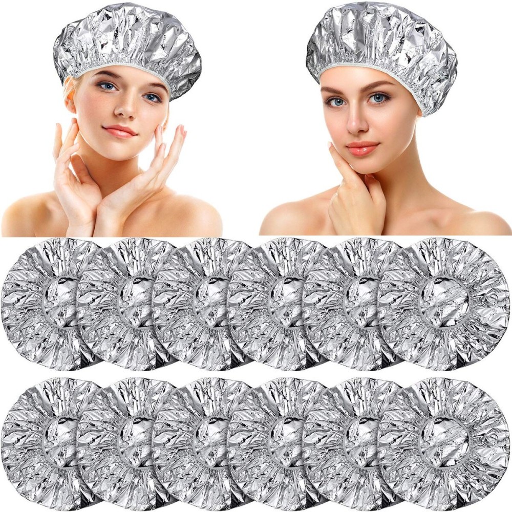 12 Pieces Deep Conditioning Caps Aluminum Foil Reusable Hair Processing Hair Coloring Shower Caps for Home Salon Use(12 Inch,Silvery)