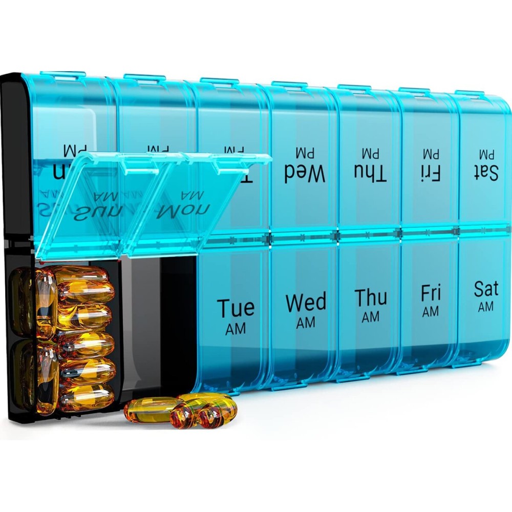 7 Day Extra Large Pill Organizer 2 Times a Day, Weekly Pill Box Twice a Day, XL AM PM Pill Case, Oversized Daily Medicine Organizer for Vitamin, Big Pill Container (Cyan)
