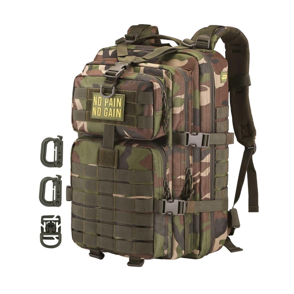 Hannibal Tactical MOLLE Assault Backpack, Tactical Backpack Military Army Camping Rucksack, 3-Day Pack Trip w/Patch, D-Rings, Woodland