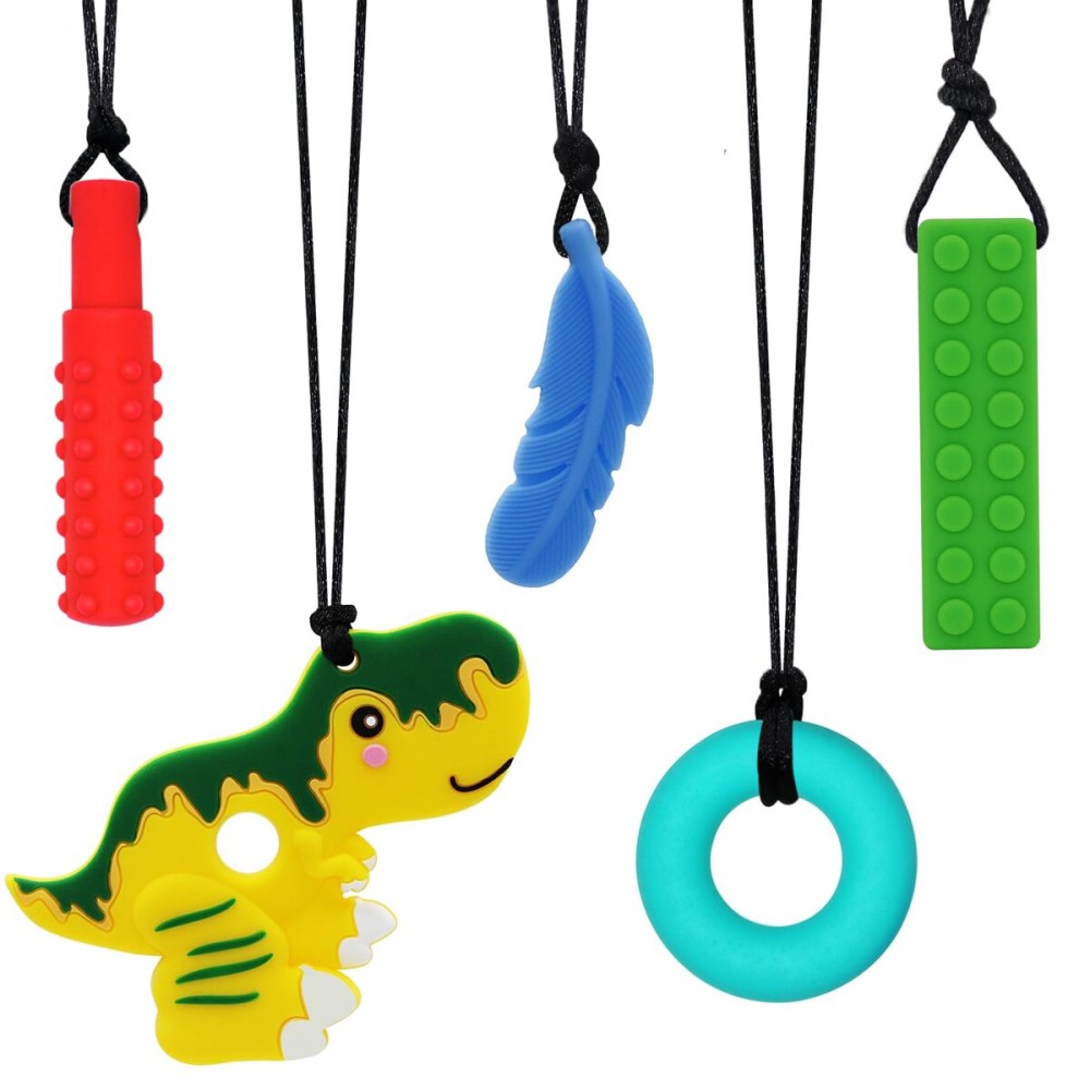 Chew Necklaces for Sensory Kids, Chewy Necklace Sensory Boys Girls with Autism, ADHD, SPD, Chewing, Teething, Silicone Chew Toys for Kids Therapy Tools Reduce Fidgeting Anxiety 5 Pack