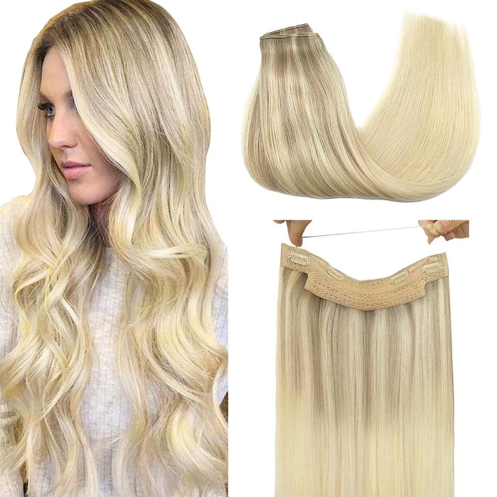 GOO GOO Wire Hair Extensions Human Hair, 17/22/60 Ash Blonde with Golden Blonde and Platinum Blonde Balayage 16inch 95g, Invisible Wire Hair Extensions with Transparent, Seamless Fish Line Hairpiece