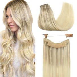 GOO GOO Wire Hair Extensions Human Hair, 17/22/60 Ash Blonde with Golden Blonde and Platinum Blonde Balayage 16inch 95g, Invisible Wire Hair Extensions with Transparent, Seamless Fish Line Hairpiece