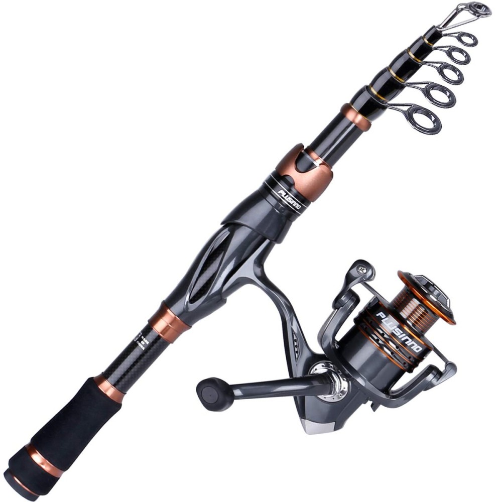 PLUSINNO Fishing Rod and Reel Combos, Bronze Warrior Toray IM6 Carbon Matrix Telescopic Fishing Rod Pole, 12 +1 Shielded Bearings Stainless Steel BB Spinning Reel, Travel Freshwater Fishing Gear