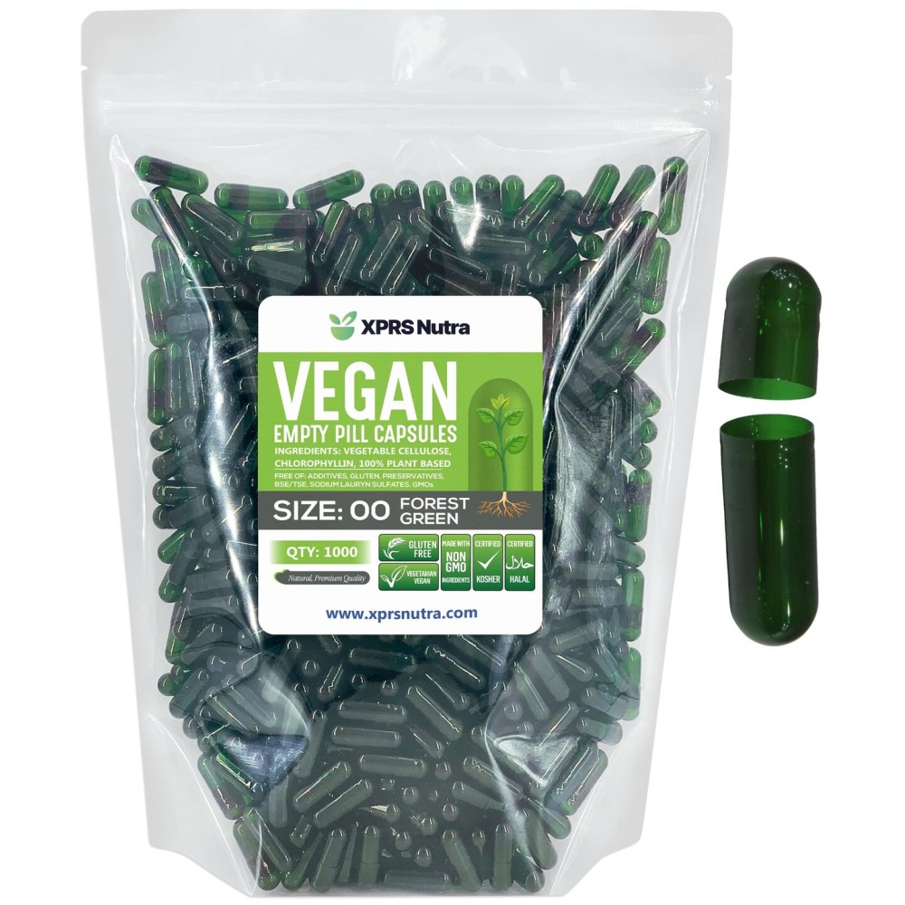 XPRS Nutra Size 00 Empty Capsules - 1000 Count Empty Vegan Capsules - Vegetarian Empty Pills - DIY Vegetable Capsule Filling- Veggie Pill Caps (Forest Green)