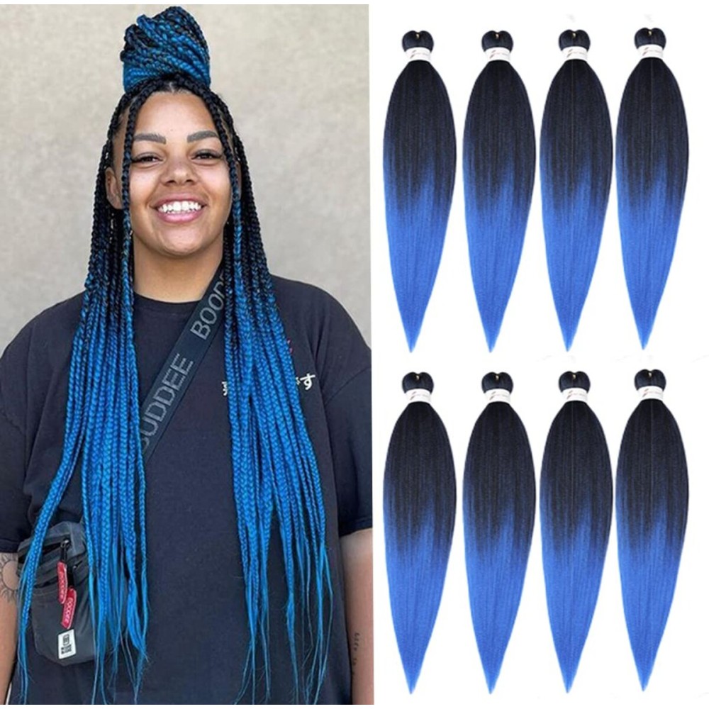 Pre-Stretched Braiding Hair, 20 inch Braiding Hair 8 Packs Ombre Black to Blue Professional Soft Yaki Texture, No Itch, Hot Water Setting Hair Extensions for Braids (20in,1B/Blue)