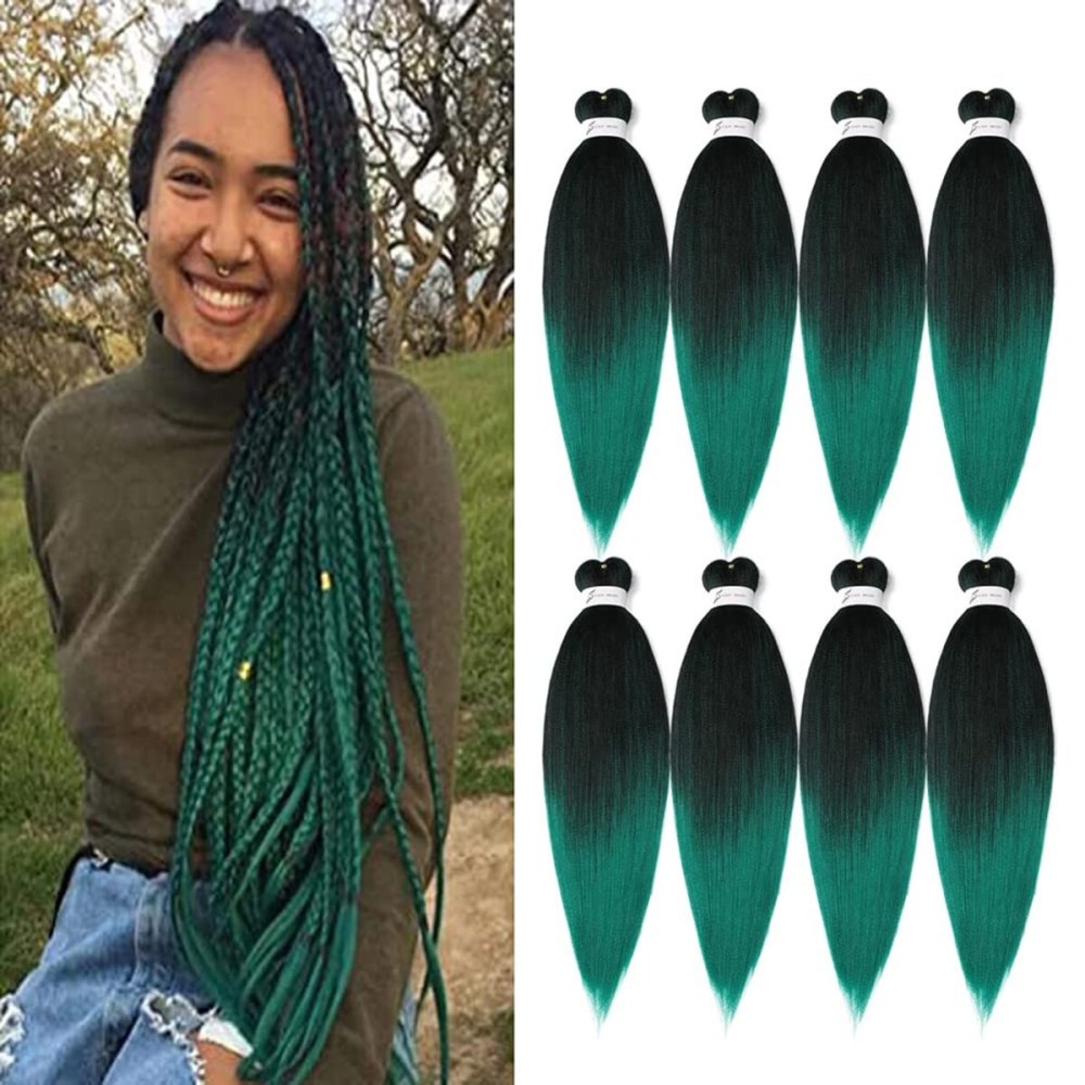 Pre-Stretched Braiding Hair, 20 inch Braiding Hair 8 Packs Ombre Black to Green Professional Soft Yaki Texture,No Itch, Hot Water Setting Hair Extensions for Braids (20in,1B/Green)