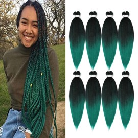 Pre-Stretched Braiding Hair, 20 inch Braiding Hair 8 Packs Ombre Black to Green Professional Soft Yaki Texture,No Itch, Hot Water Setting Hair Extensions for Braids (20in,1B/Green)