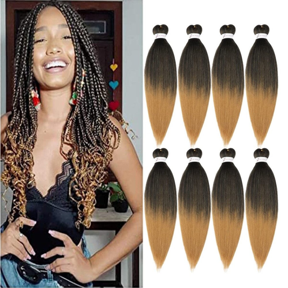 Ubeleco Pre Stretched Braiding Hair, 8 Packs 20 inch Braiding Hair Pre Stretched Yaki Texture, Hot Water Setting, Easy To Install Professional Synthetic Ombre Hair for Braiding(20in,1B/27)