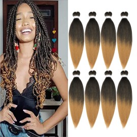 Ubeleco Pre Stretched Braiding Hair, 8 Packs 20 inch Braiding Hair Pre Stretched Yaki Texture, Hot Water Setting, Easy To Install Professional Synthetic Ombre Hair for Braiding(20in,1B/27)