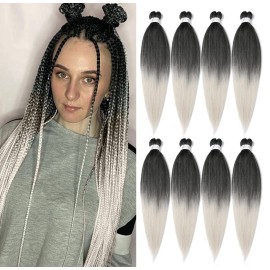 8 Packs Pre Stretched Braiding Hair, 20 Inch Braiding Hair Pre Stretched Yaki Texture, Hot Water Setting, Easy To Install Professional Synthetic Ombre Braiding Hair(20in,1B/Silver)