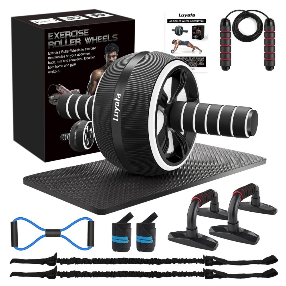 Ab Roller Wheel, 10-In-1 Ab Exercise Wheels Kit with Resistance Bands, Knee Mat, Jump Rope, Push-Up Bar - Home Gym Equipment for Men Women Core Strength & Abdominal Exercise (Black)