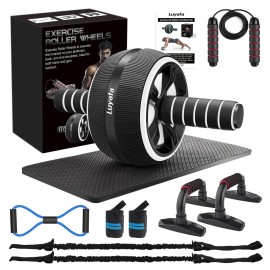 Ab Roller Wheel, 10-In-1 Ab Exercise Wheels Kit with Resistance Bands, Knee Mat, Jump Rope, Push-Up Bar - Home Gym Equipment for Men Women Core Strength & Abdominal Exercise (Black)