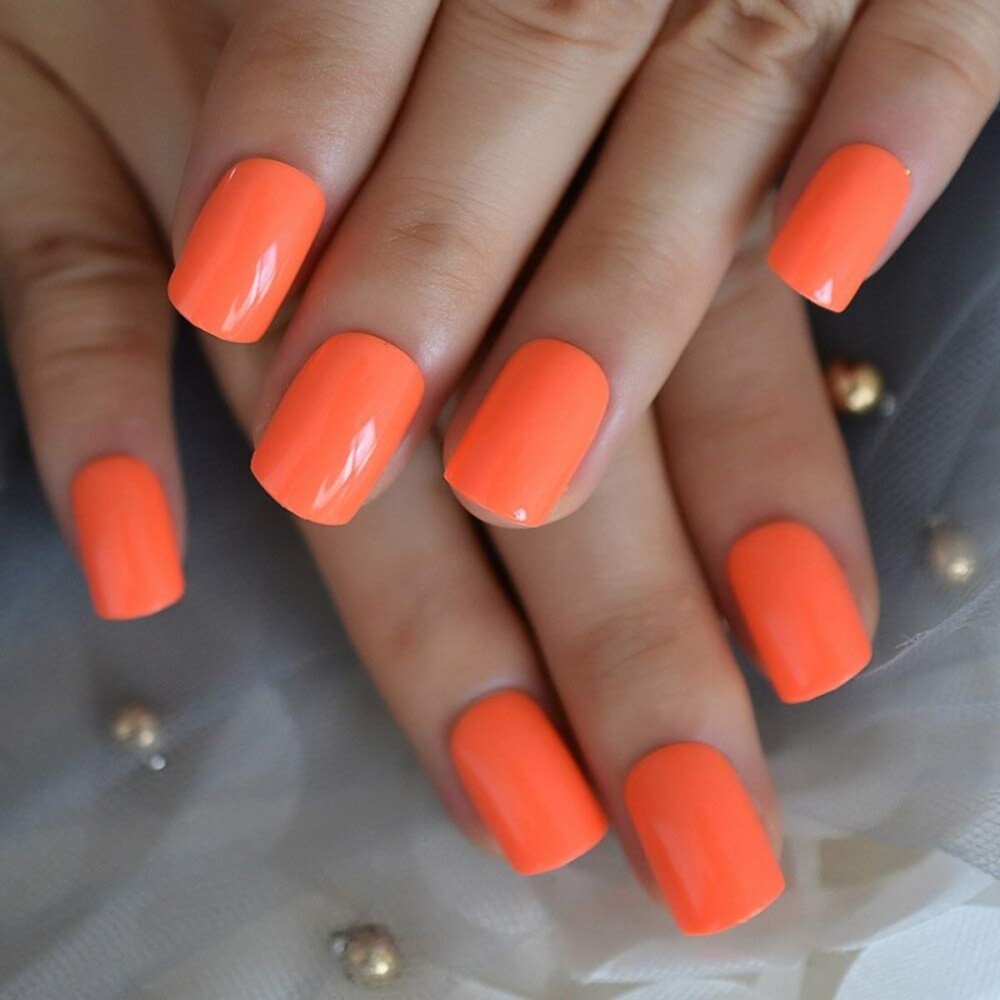 EchiQ Neon Fake Nails Short for Daily Wear Square Natural Shape Glossy Gel Nails Orange Pink Simple Tips with Adhesive