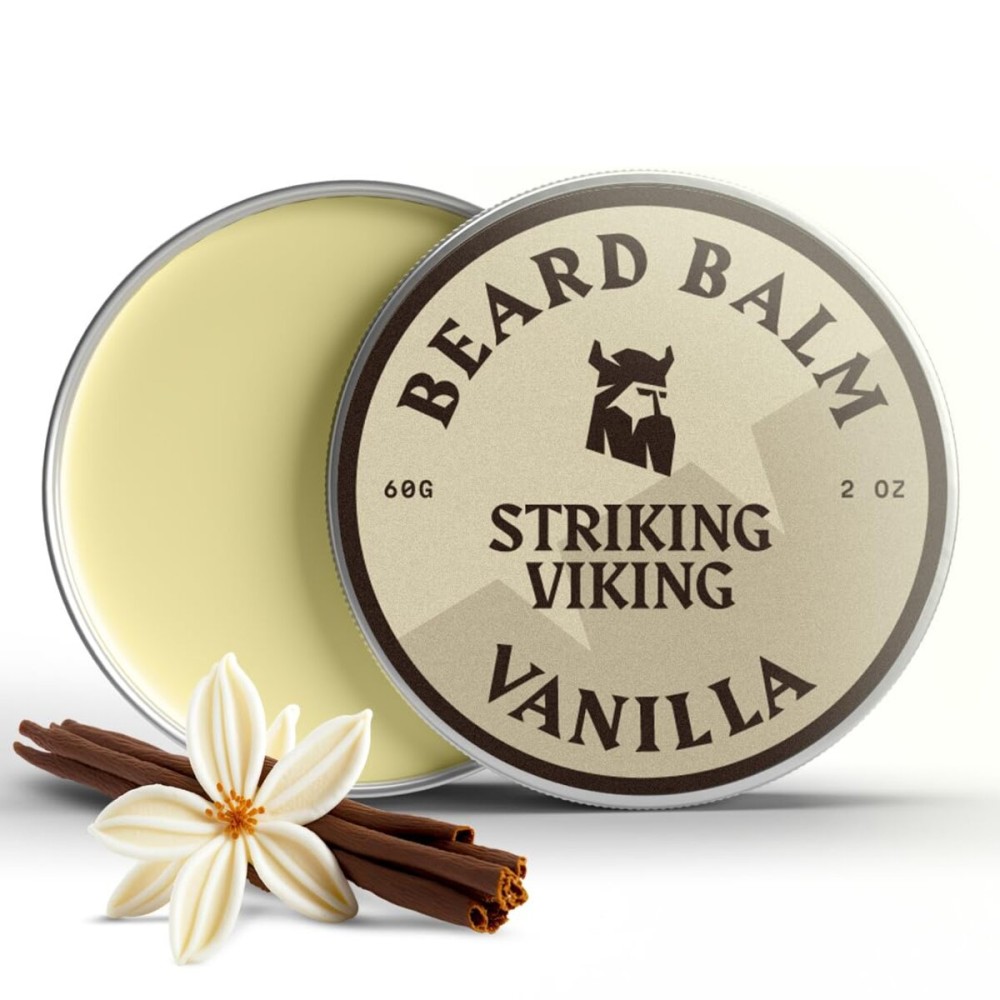 Striking Viking Beard Balm for Men - 2 oz, Vanilla Scent - Light Hold Moisturizer That Softens & Nourishes Coarse Facial Hair with Shea Butter & Tea Tree Oil