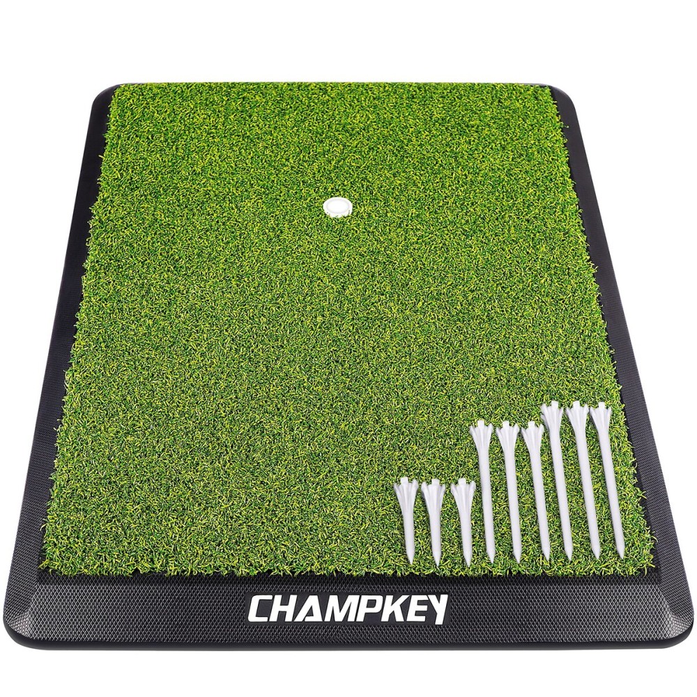 CHAMPKEY Premium Synthetic Turf Golf Hitting Mat | Heavy Duty Rubber Base Golf Practice Mat | Come with 1 Rubber Tee and 9 Plastic Tees (16 x 25, LITE Version)