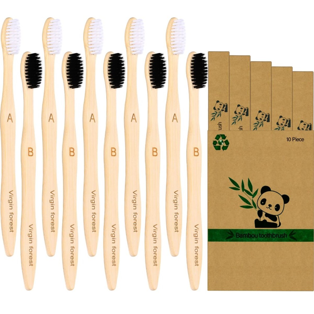 Virgin Forest Bamboo Toothbrushes, Eco Friendly BPA Free Soft Bristles Toothbrush, Biodegradable Natural Wooden Toothbrushes, Vegan Organic Bamboo Charcoal Tooth Brush for Sensitive Gums Set of 10