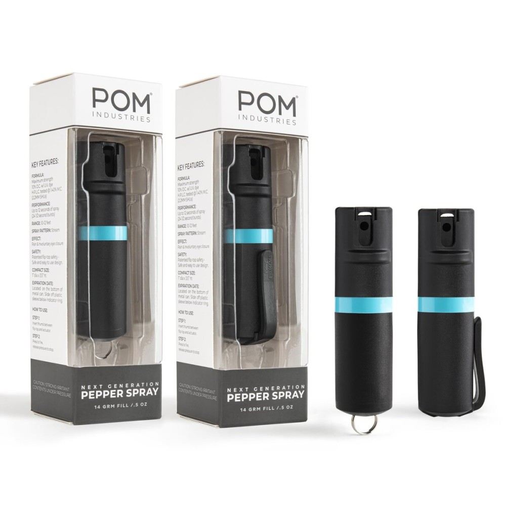 POM Pepper Spray Combo Pack Clip & Keychain - Maximum Strength OC Spray Self Defense- Tactical Compact & Safe Design - 25 Bursts & 10 ft Range - Stream Spray Pattern Black and Aqua