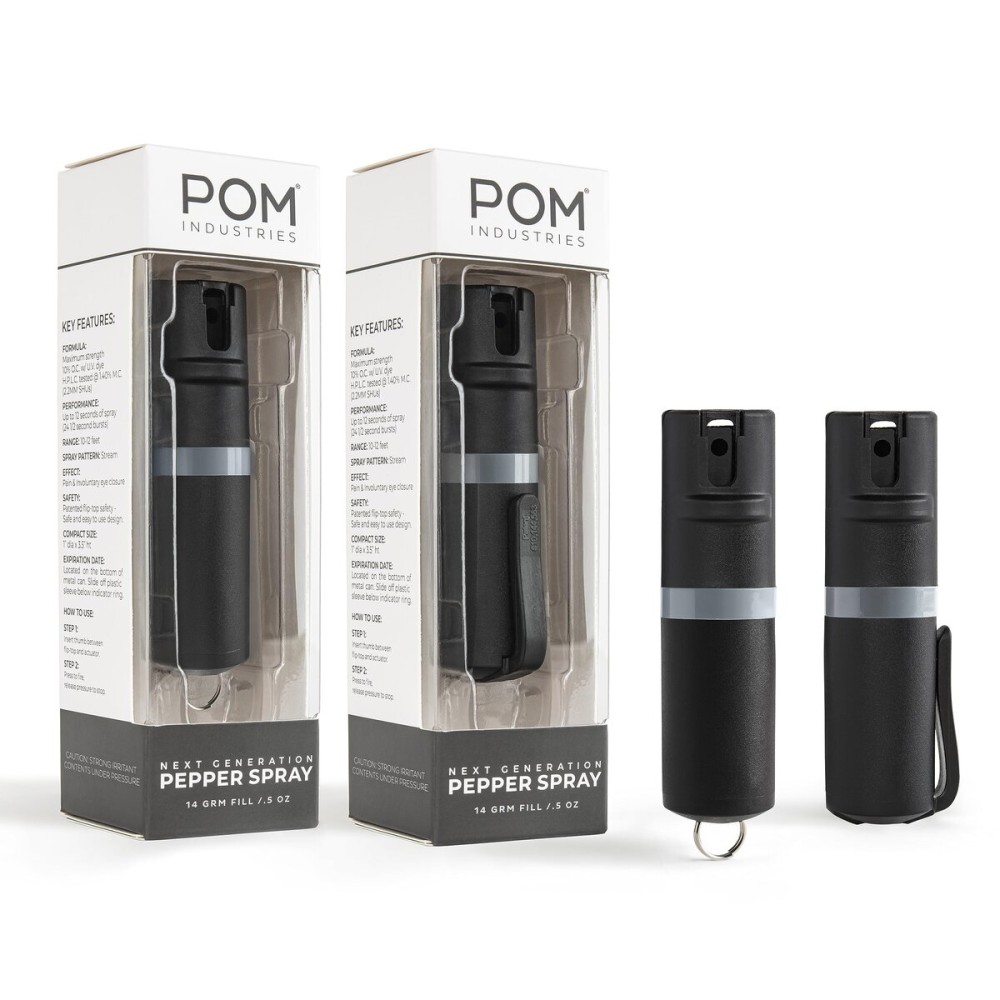 POM Pepper Spray Combo Pack Clip & Keychain - Maximum Strength OC Spray Self Defense- Tactical Compact & Safe Design - 25 Bursts & 10 ft Range - Stream Spray Pattern Black and Grey