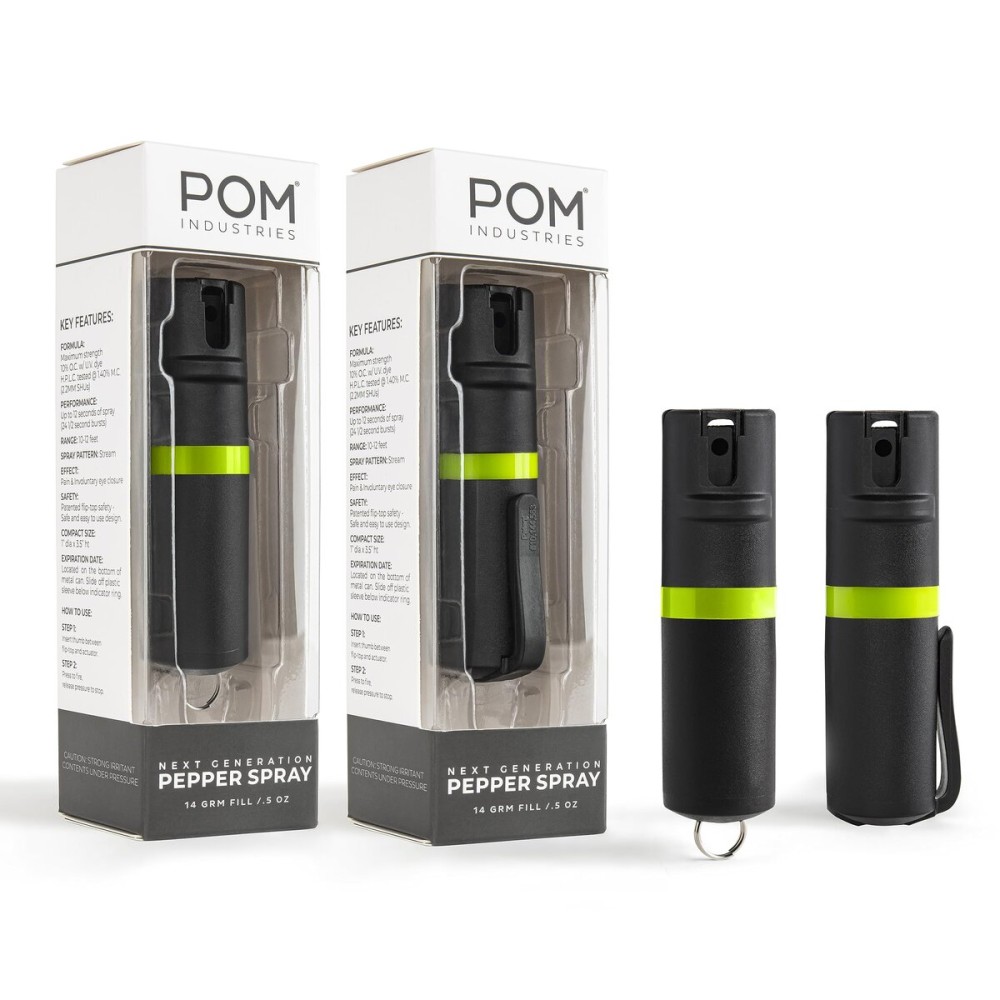 POM Pepper Spray Combo Pack Clip & Keychain - Maximum Strength OC Spray Self Defense- Tactical Compact & Safe Design - 25 Bursts & 10 ft Range - Stream Spray Pattern Black and Lime