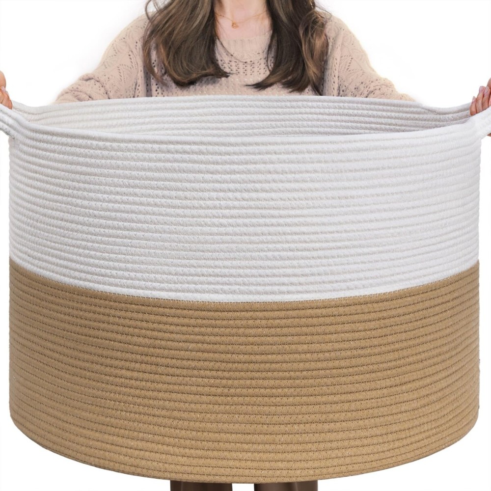 INDRESSME XXXLarge Jute Rope Basket 21.7 x 21.7 x 13.8 Woven Baby Laundry Baskets for Blankets Toys Storage Basket with Handle Comforter Cushions Storage Bins Thread Laundry Hamper