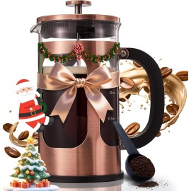 BAYKA 34oz 1 Liter French Press Coffee Maker, Christmas Coffee Lover Gifts Basket Set, Heat Resistant Thickened Borosilicate Glass Stainless Steel Brewer, Cold Brew Cafetera Teapot for Kitchen, Copper