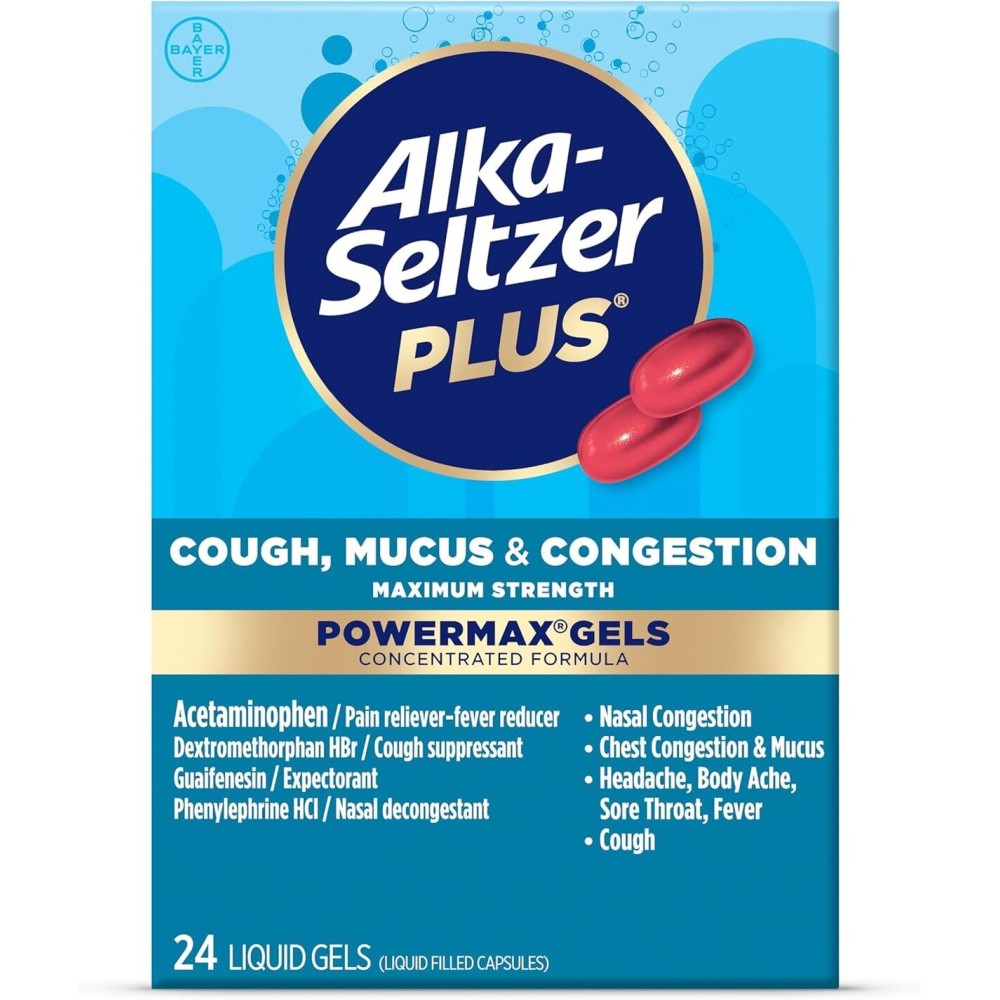 Alka-Seltzer Plus Maximum Strength Cough, Mucus & Congestion Powermax Liquid Gels, Fast and Effective Chest Congestion Relief, Cough Suppressant, For Adults and Children 12 Years and Older 24 Count
