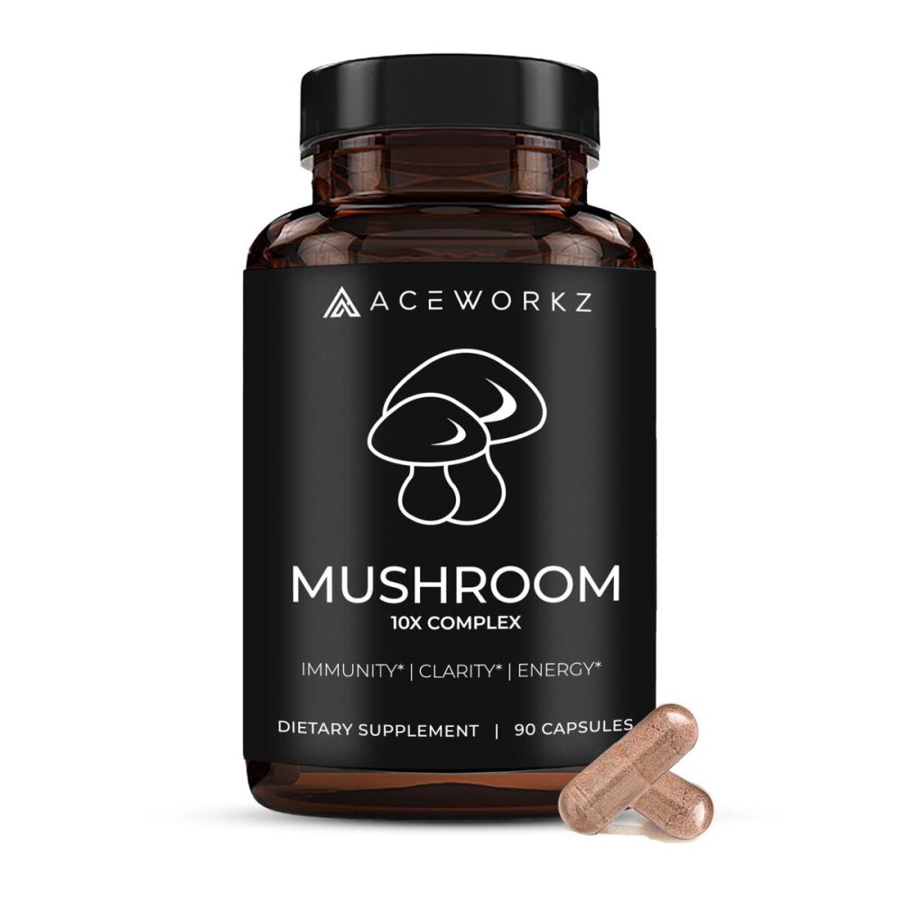 ACEWORKZ Mushroom Complex Supplement 14,500mg - Organic 10 Mushroom Blend with Lions Mane, Reishi & Cordyceps - Memory, Focus & Immune Support - with BioPerine for Enhanced Absorption (60 Capsules)