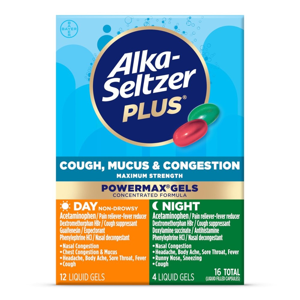 Alka-Seltzer Plus Maximum Strength Cough, Mucus & Congestion, Day + Night Powermax Liquid Gels, Cough and Congestion Medicine for Adults and Children 12 Years and Older, 16 Count, Packaging May Vary
