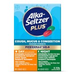 Alka-Seltzer Plus Maximum Strength Cough, Mucus & Congestion, Day + Night Powermax Liquid Gels, Cough and Congestion Medicine for Adults and Children 12 Years and Older, 16 Count, Packaging May Vary