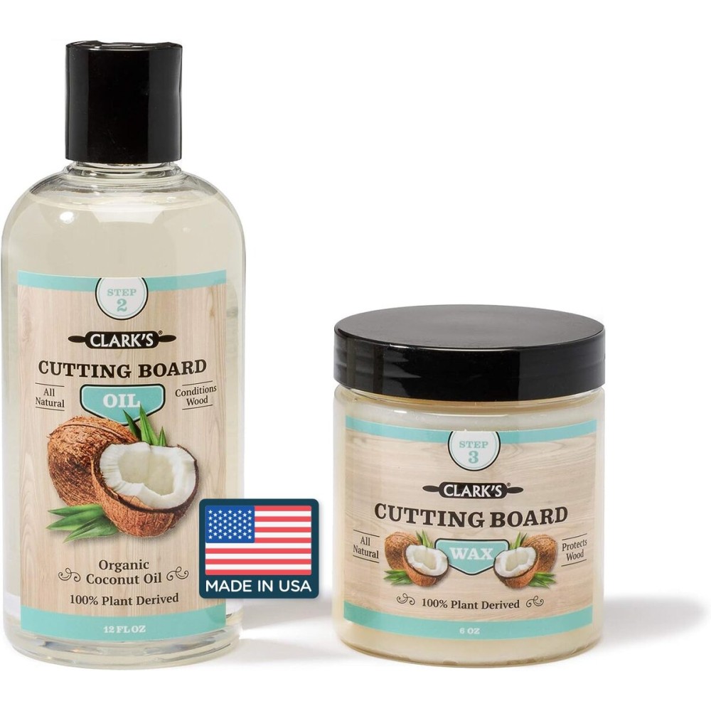 CLARK\'S Cutting Board Care Kit with Coconut Oil - Includes Butcher Block Oil and Wax - Made with Refined Coconut Oil, Natural Beeswax, and Carnauba Wax - For Kitchen Countertops and Butcher Blocks