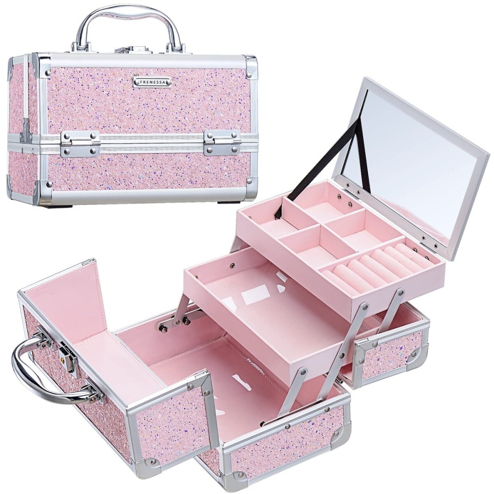 FRENESSA Makeup Case Organizer Portable Makeup Train Case Cosmetic Box with Mirror Jewerly Tray for Girls Nail Supplies Make Up Cases Organizers and Storage Kids Craft Case Pink