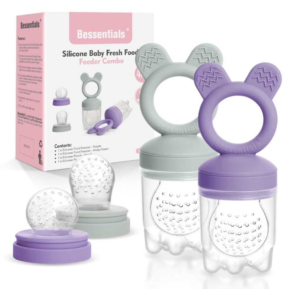 Bessentials Baby Fresh Fruit Food Feeder - 2 Pack Silicone Baby Mesh Feeders for Infant Safe Self Feeding |3 Sizes Food Pouches Included| Suitable for Baby 4m+ Purple+Misty Green